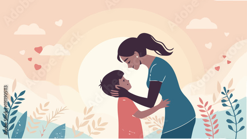 Loving mom hugging little boy in a warm sunny garden with flowers and rainbow
