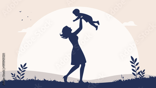 Silhouette of mother playfully lifting baby in air against sunset background with plants