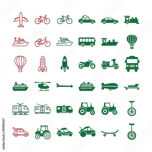 Various Transportation in Red and Green on White Background airplane bicycle train boat