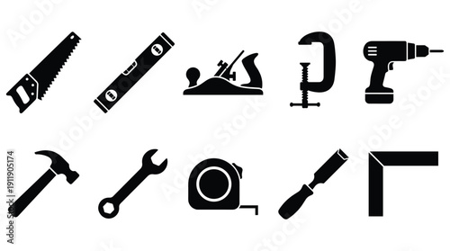 Collection of various black construction and carpentry tools and equipment icons