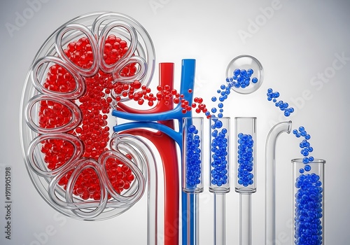 3D illustration of human kidney with dialysis machine and blood cells in medical laboratory setting with blue and red color scheme