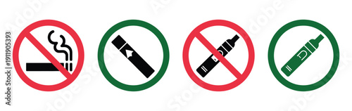 No Smoking And Vaping Icon Vector, Cigarette And E-Cigarette Symbols For Tobacco And Vaping Rules, Public Place Safety, And Compliance Signage.
