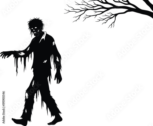 Creepy black and white zombie silhouette illustration featuring a thin undead monster with tattered clothes walking near a dead tree branch isolated on white background.