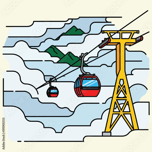Cable cars traveling over a mountainous landscape shrouded in a sea of clouds and misty fog