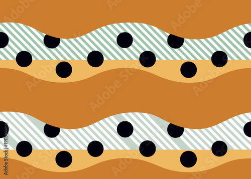 Abstract seamless pattern with wavy horizontal bands in orange and beige with black dots