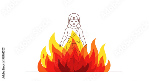 Young boy standing calmly amidst a vibrant fire