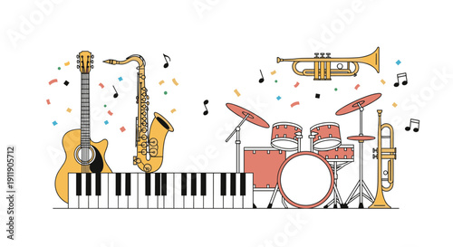 Vector illustration of musical instruments and confetti for celebration