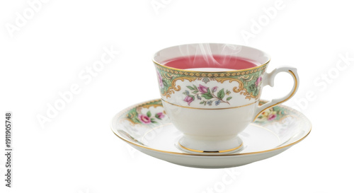 Obraz na płótnie Elegant floral teacup with steaming pink tea isolated PNG, vintage porcelain cup