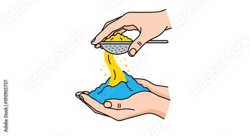 Hands sifting yellow powder onto blue powder with a sieve
