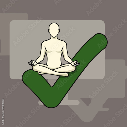 Vector illustration of a calm person in a lotus meditation pose sitting on a large green checkmark, symbolizing mindfulness, mental wellness, and successful self-care.