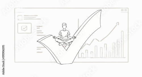 Zen approach to business achievement, meditating person on a checkmark, symbolizing success, growth, and calm focus in a digital environment.