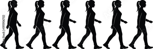 Female Walking Silhouette Animation Sequence Side View Woman Stride Motion Isolated on White Background Vector Illustration Set