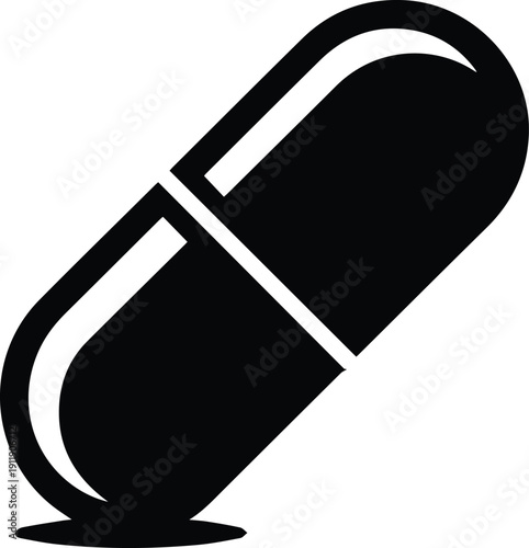 Black and white icon of a single capsule on a white background pill medicine