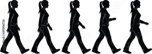 Female Walking Silhouette Sequence Set Side View Woman خطوات Motion Isolated on White Background Vector Illustration for Animation