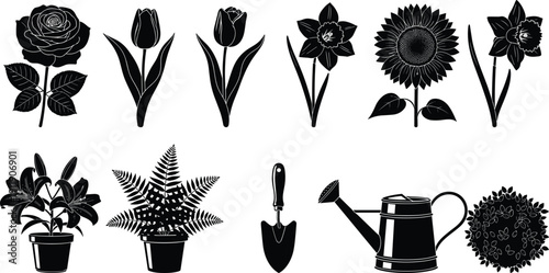 Botanical and gardening silhouette collection, flowers, potted plants, watering can, garden tools, nature inspired black isolated vector illustration set