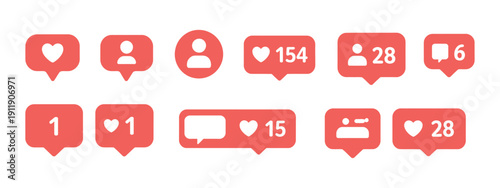 Social Media UI Notification Icons Vector, Like, Comment, And User Bubbles With Count Indicators For Apps, Websites, And Digital Platform Alert Systems.