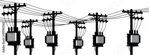 Electrical power line silhouettes with utility poles, transformers and cables, energy distribution infrastructure illustration, black vector isolated on white background clean design