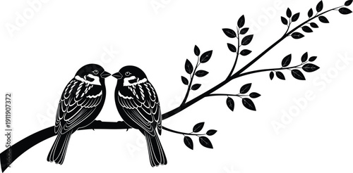 Two birds on branch silhouette illustration showing romantic nature scene, love and companionship concept, black and white vector artwork