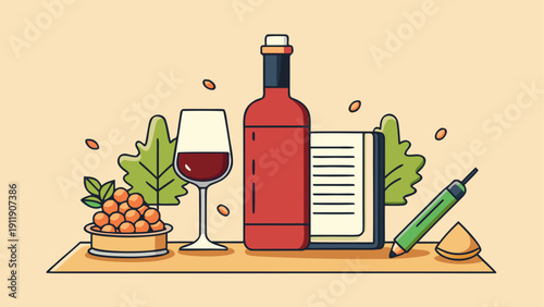 A creative illustration of wine, food, and planning for a gathering or event