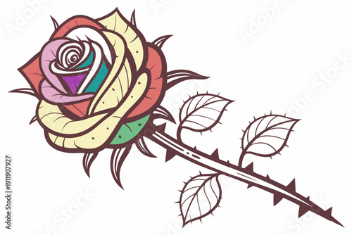 A stylized rainbow-colored rose with a unique pastel palette features prominent thorns and leaves, presented as an artistic and unconventional floral emblem.