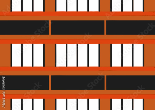 Abstract geometric pattern with horizontal orange and red bands and vertical black and white bars.