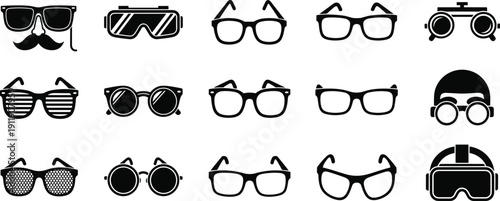 Diverse Eyeglasses and Eyewear Silhouette Vector Set Featuring Sunglasses Reading Glasses Safety Goggles and Virtual Reality Headset Isolated on White Background for Fashion Retail Design.