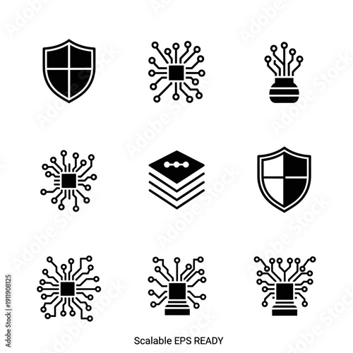 Collection of black security icons featuring shields and virus symbols.