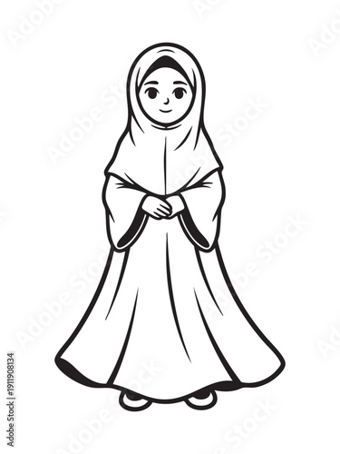 Adorable Young Muslim Girl Wearing a Traditional Hijab and Long Dress Standing Character Line Art Illustration