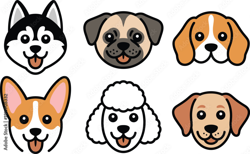 Obraz premium Collection of six diverse dog breed faces as simple, colorful cartoon icons: husky, pug, beagle, corgi, poodle, and labrador.