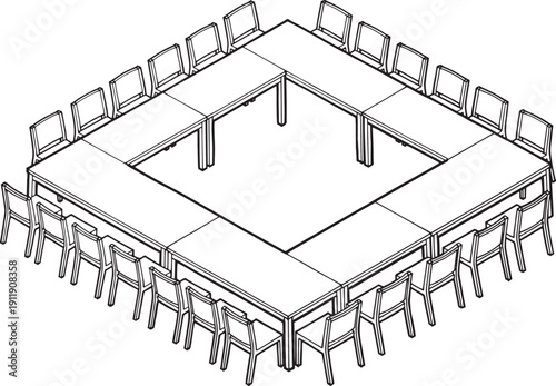 Conference table and chairs in a square arrangement, the focus on a setup in an empty room, awaiting the start of a meeting or conference.