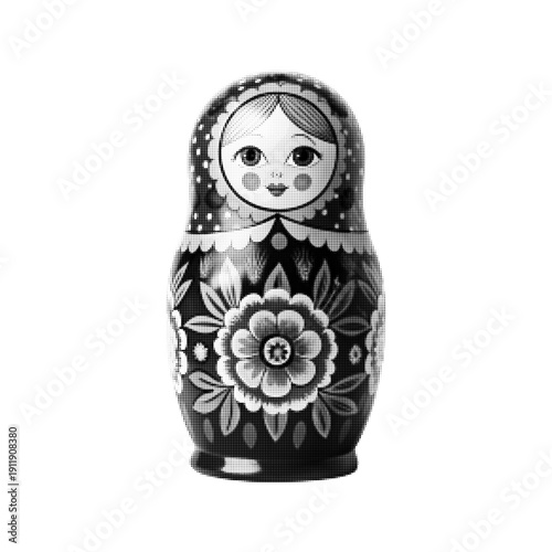Black and white matryoshka doll illustration isolated on white background. Traditional Russian nesting doll with floral ornament, folk art symbol in vintage monochrome graphic style.