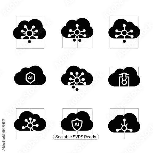 Collection of Cloud Computing Icons with AI and Security Symbols.