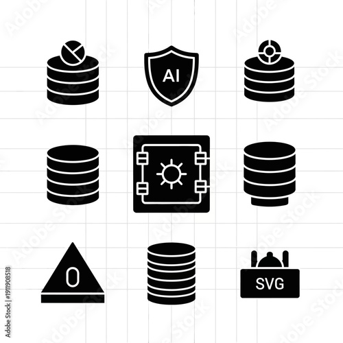 Collection of Database and Security Icons in Black and White.
