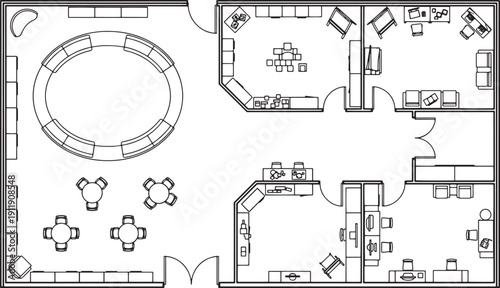 Interior design plan of a commercial establishment, detailing the architectural layout with precision and clarity. A clear and concise top-down view for professional applications.