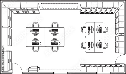 Top-down view of a modern office interior. Featuring a spacious layout with desks, chairs, and storage units, ideal for a collaborative and efficient workspace.