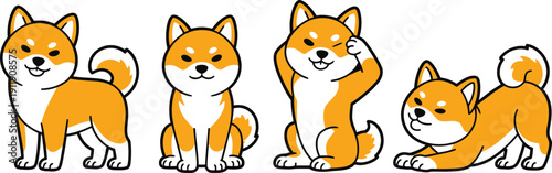 Four adorable Shiba Inu dogs in various poses, illustrated in a charming cartoon style with orange and white details, perfect for pet lovers.
