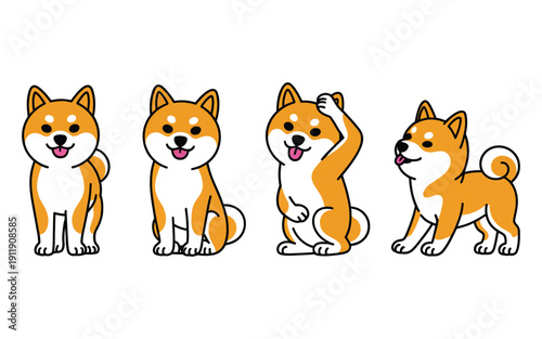 Four cute Shiba Inu dogs in various playful and cute poses, illustrated in a charming cartoon style with orange and white colors.
