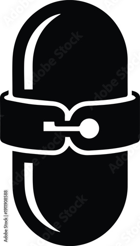 Capsule pill with belt buckle silhouette icon, medication control and restriction concept, black monochrome vector pictogram isolated on white background, EPS illustration