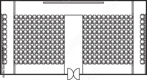 An overhead view of a modern conference hall, revealing rows of seating and a central entrance. The monochrome aesthetic highlights the structured design, emphasizing functionality and space.