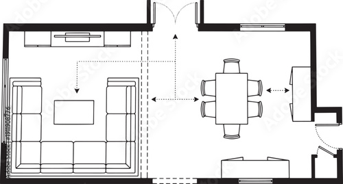 A top-down view of a modern living room plan showing furniture arrangement, perfect for interior design inspiration. 