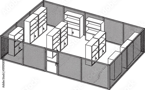 An empty library space in an architectural rendering, showcasing a structured and organized environment.
