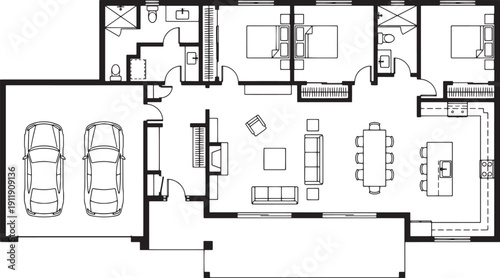 Architectural floor plan of a modern home, showcasing the layout of rooms with detailed perspective and a sleek, contemporary design.