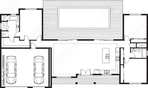 Architectural blueprint showing detailed structure, highlighting interior and exterior features. The design, executed with precise linework, unveils rooms, a garage, and an outdoor space.