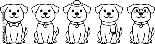 A lineup of five cute dogs wearing accessories a bowtie, collar, hat, scarf, and glasses, perfect for fashion or holiday themes.