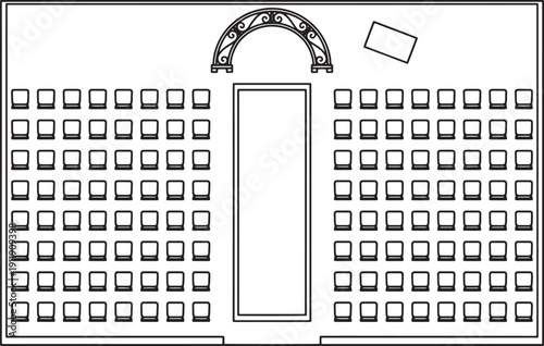 An elegant architectural overview of a wedding ceremony set-up. The arrangement features rows of empty chairs leading to a focal point under an arch, ready for a special occasion.