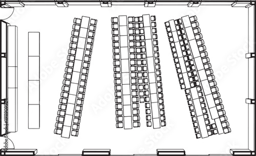 A schematic diagram of an interior classroom with an organized arrangement of desks and chairs.