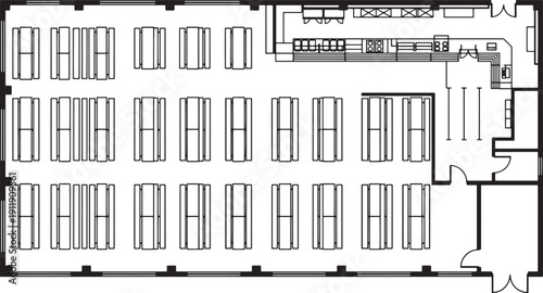 Detailed top-down plan view of a modern dining establishment, highlighting the thoughtful interior design and spatial arrangement.