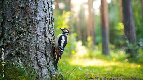 woodpecker. Woodpecker perched on tree trunk captured mid-peck in morning forest light. wildlife magazines, conservation campaigns, designed for eco-tourism storytelling.
