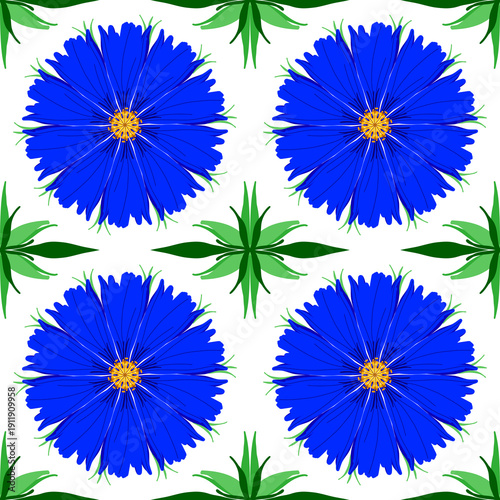 Seamless pattern of blue flowers and green leaves. Computer-generated botanical illustration.
