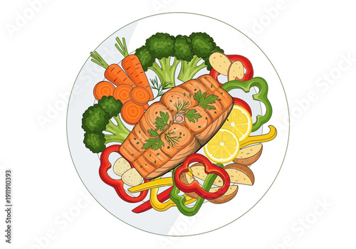 Healthy Baked Salmon With Roasted Vegetables And Lemon Slices On A White Plate